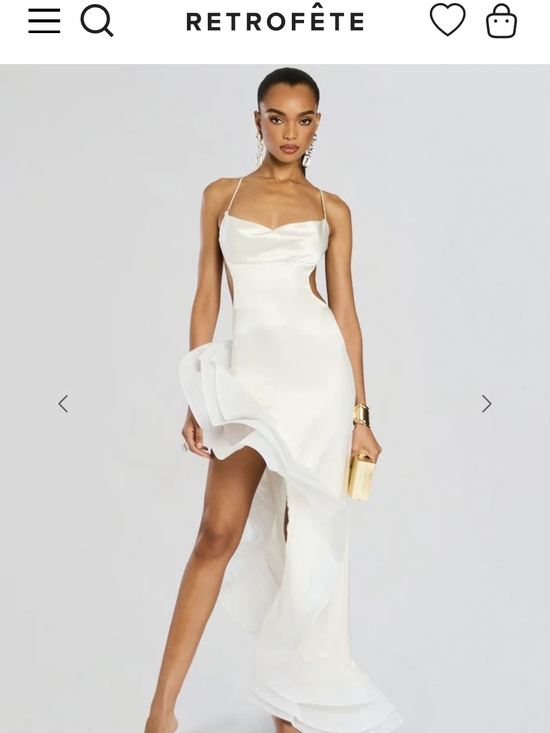 Retrofete Dresses & Skirts - Retrofête Ivory Satin Maxi Dress with Asymmetrical Ruffle